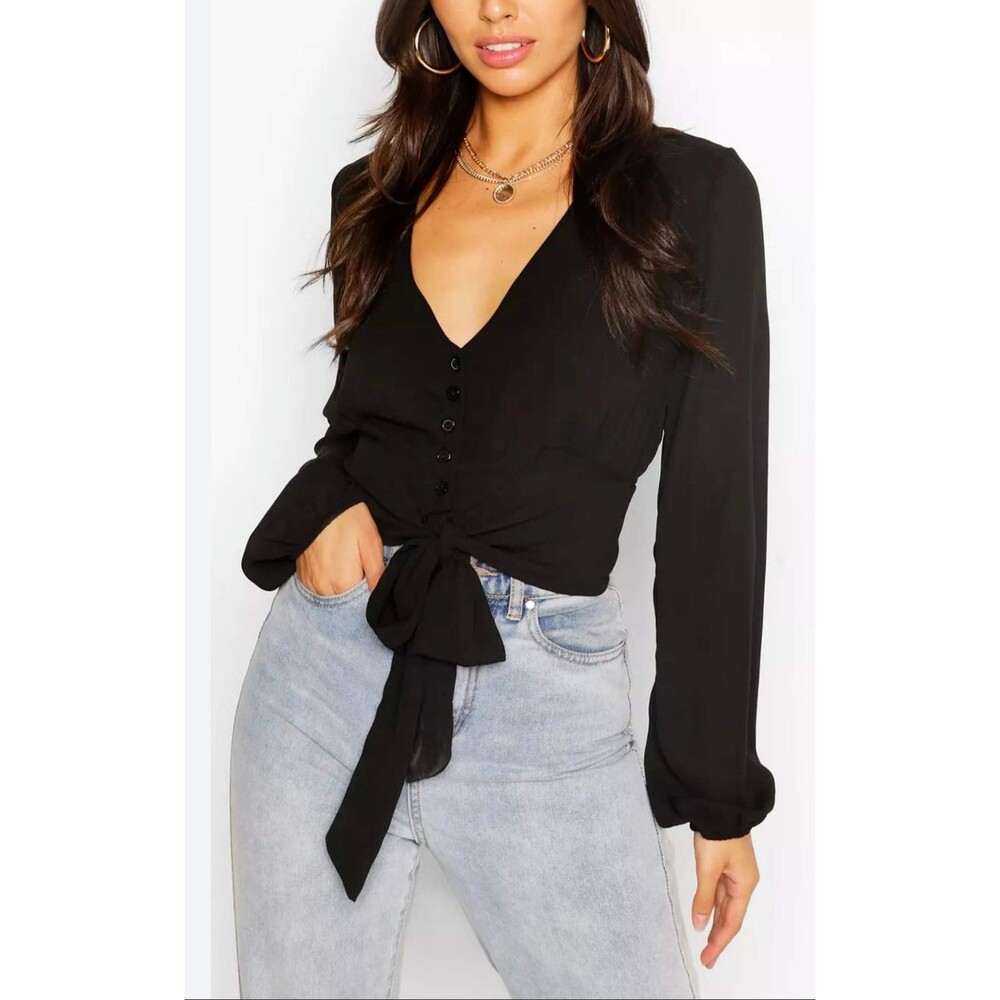 Boohoo Women's Black V-Neck Woven Tie Blouse Button Through Top Size 8 NWT
